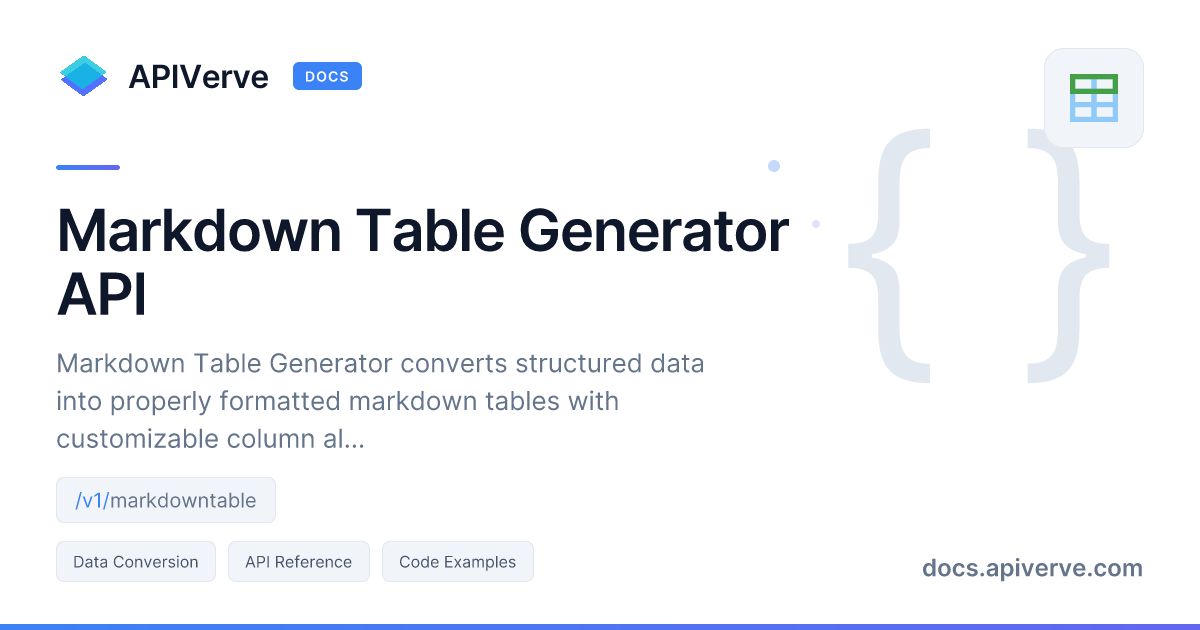 Markdown Table Generator API Documentation - APIVerve Developer Guide